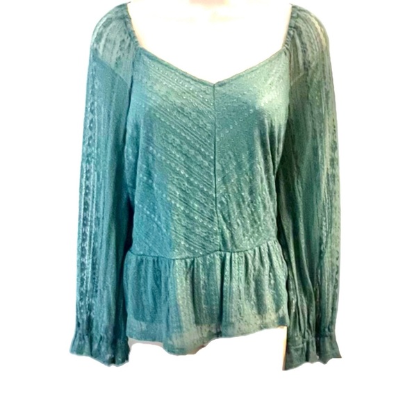 EUC! LC Lauren Conrad Teal Lace puffy sleeve Smocked Peplum Blouse XL - Picture 5 of 15